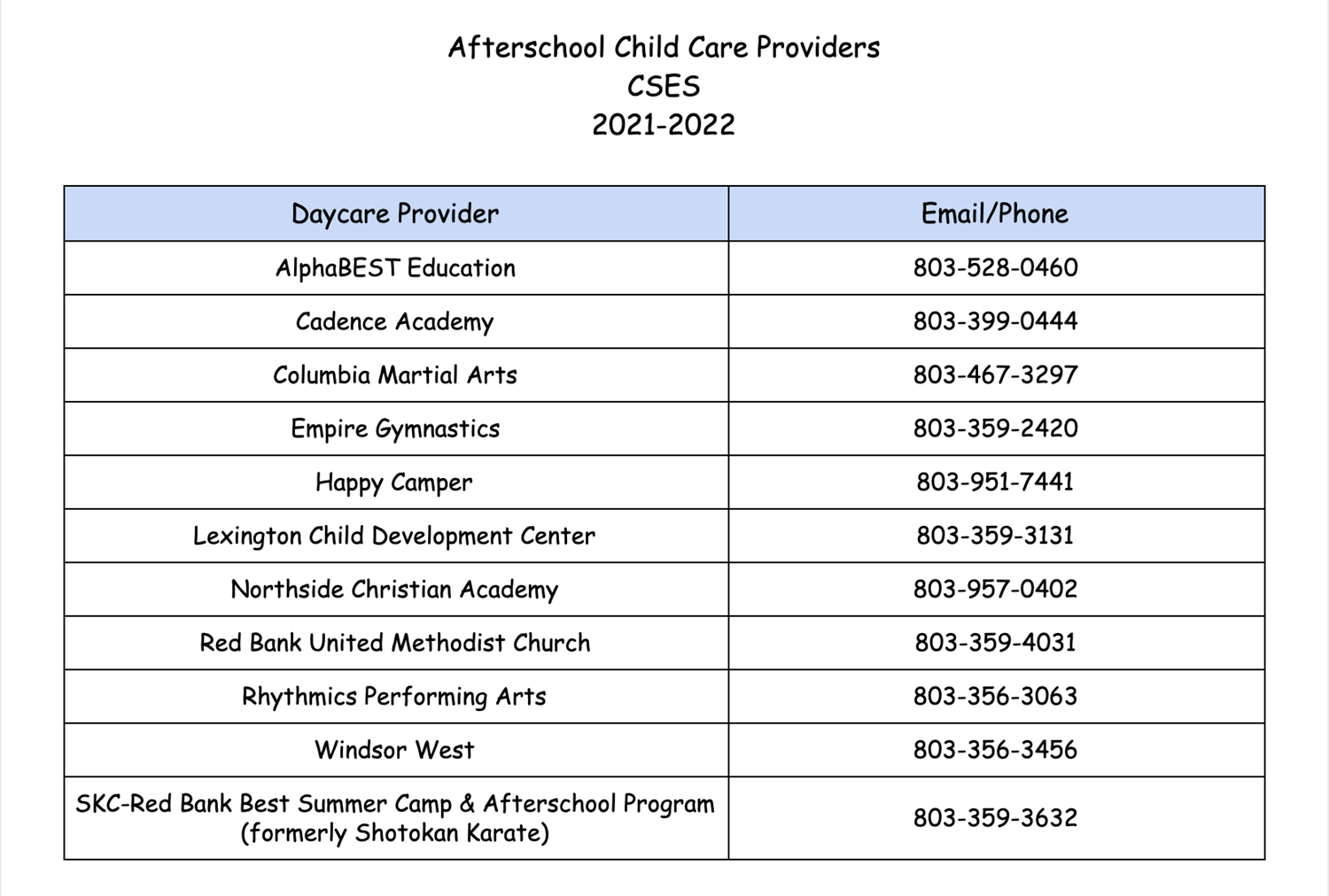  CSES After School Childcare Providers